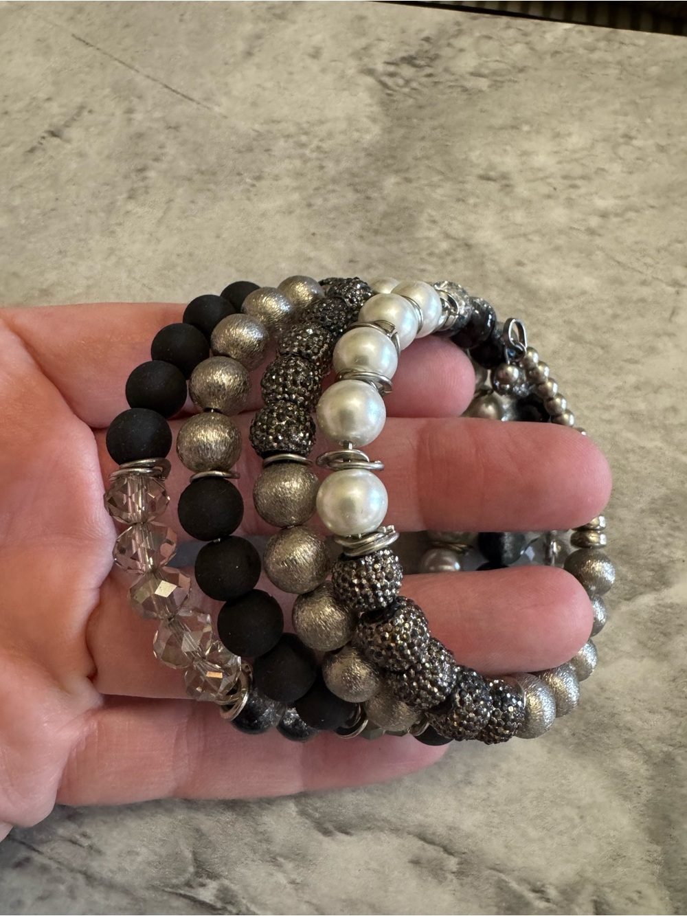 Silver and Black Beaded Multi-Stack look Bracelet